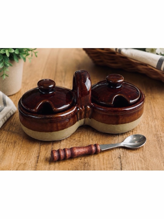 Other - (VTG) Brown/Tan Ceramic Double Condiment Caddy Dish with Spoon